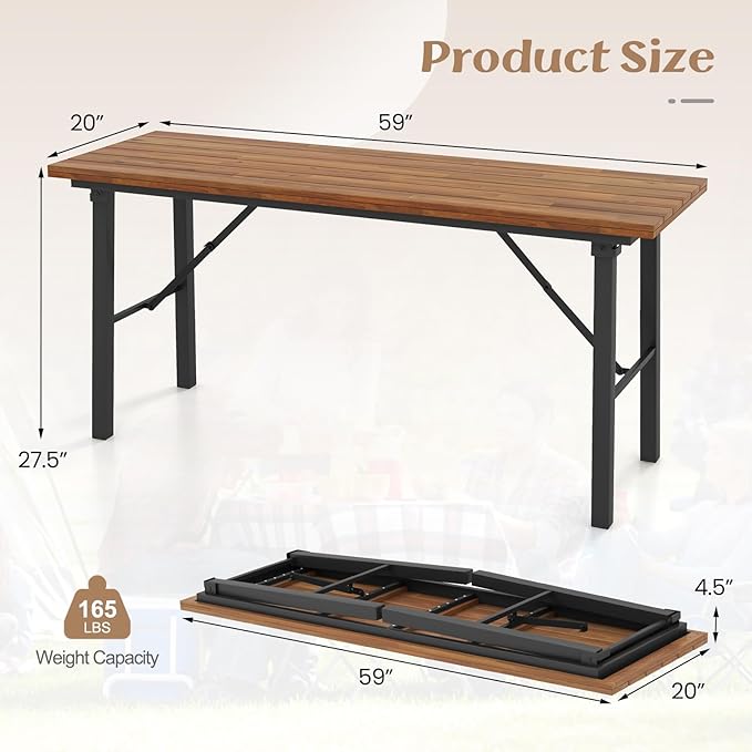 Tangkula 59" Narrow Outdoor Dining Table for 4-6, No Assembly Foldable Patio Dining Table with Acacia Wood Top & Heavy Duty Metal Frame, Portable Table for Yard, Garden, Poolside or Indoor (Natural)