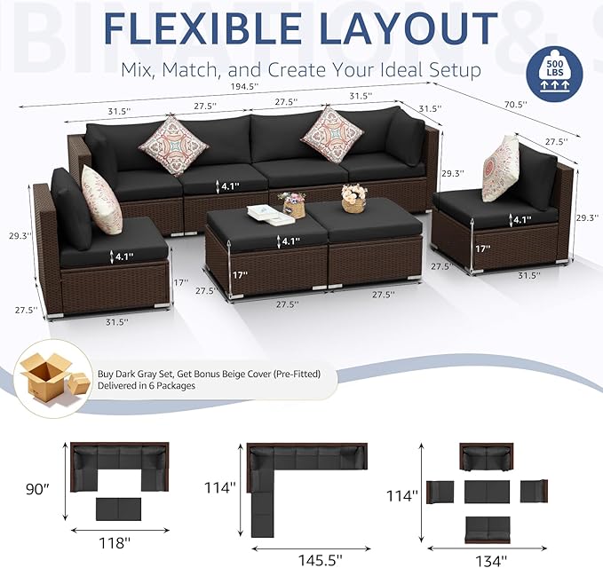 NICESOUL 8 Seater Modern Backyard Furniture Set, 29.3'' High Back Luxury Comfy Brown Wicker Patio Conversation Set with Ottoman, Deep and Wide Sofa Sectional for Exteriors, Dark Brown & Grey