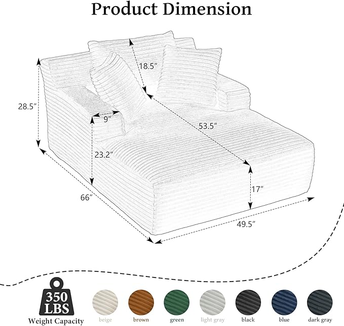 66" Chaise Lounge Chair Indoor, Oversized Boneless Couch Comfy Upholstered Sleeper Sofa Bed with 3 Pillows, Corduroy Cloud Reading Chair for Living Room No Assembly Required, White