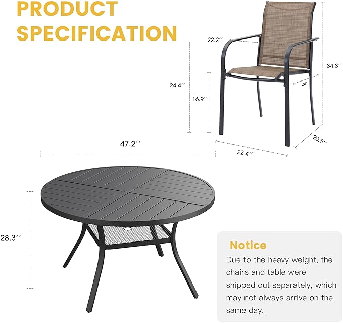 VICLLAX Patio Table and Chair Set of 6, All Weather Metal Round Outdoor Dining Furniture Set-47 Round Outdoor Table and Chairs, Black Tabletop