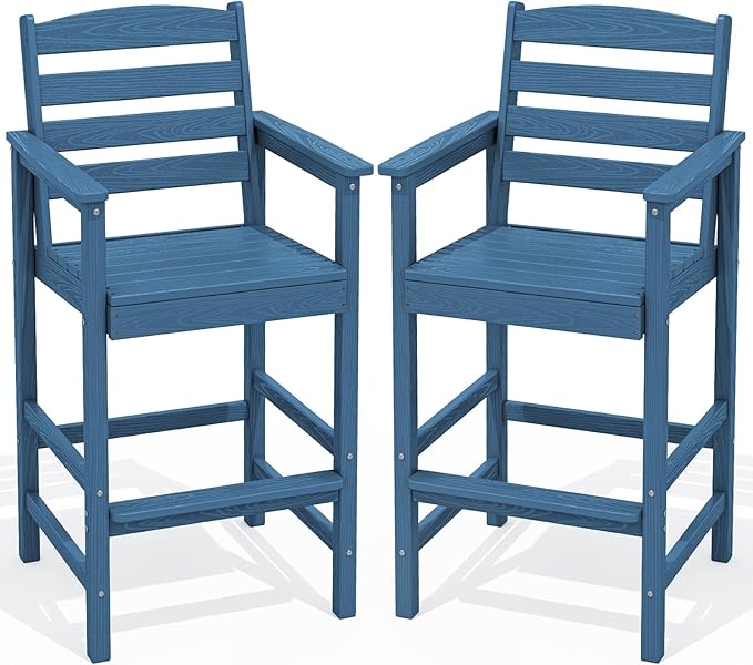 SERWALL Tall Adirondack Chairs Set of 2, Oversize Balcony Adirondack Chairs Set, Outdoor Bar Height Barstools Widened Chair Set for Bistro, Poolside, Garden, Blue