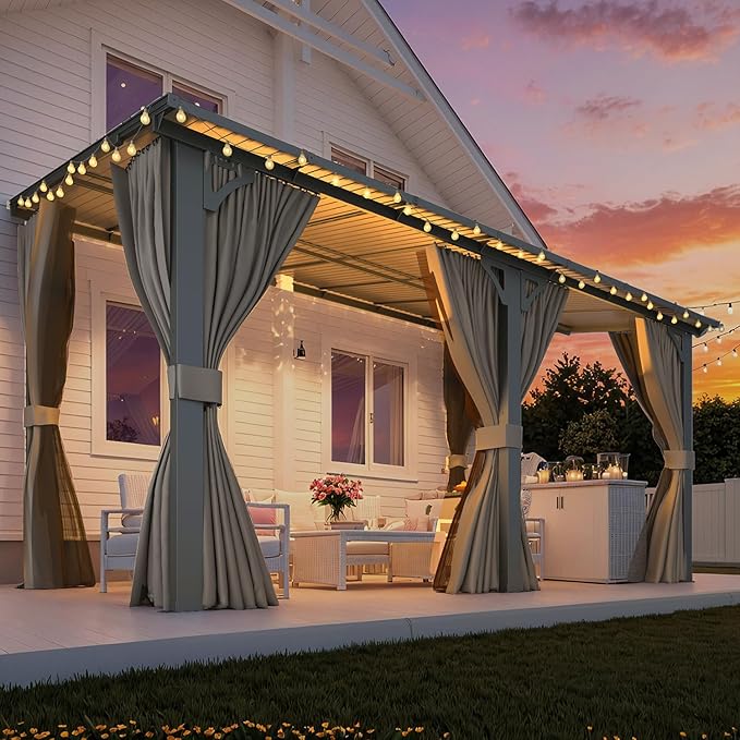 AECOJOY 14' x 8' Gazebo Outdoor Pergola, Hard Top Lean to 8x14 Gazebo with Curtains and Netting, Pergolas and Gazebos Clearance with Patio Roof, Large Wall-Mounted Heavy Duty Awnings for Patio, Decks