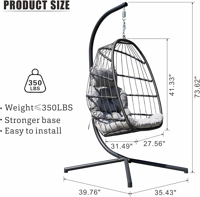 FREDEES Egg Swing Chair with Stand, Outdoor Hanging Egg Chair with Cushion for Patio/Porch/Balcony/Indoor (Light Gray)