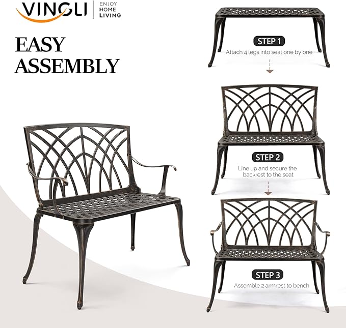 VINGLI 38" Outdoor Metal Bench, Cast Aluminium Garden Bench, Weatherproof Antique Finish Orchid Chair, 1-2 Person Seat Deck Furniture for Porch Entryway Patio (Brown)