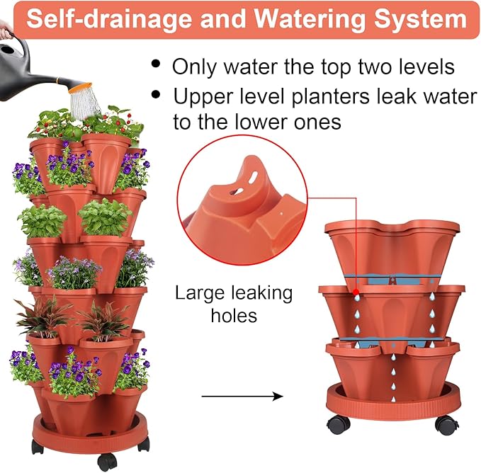 GameXcel Vertical Planter 6 Tier Stackable Planters Garden Planters Strawberry Herb Flower and Vegetable Planter Indoor Outdoor Gardening Pots with Removable Wheels and Tools