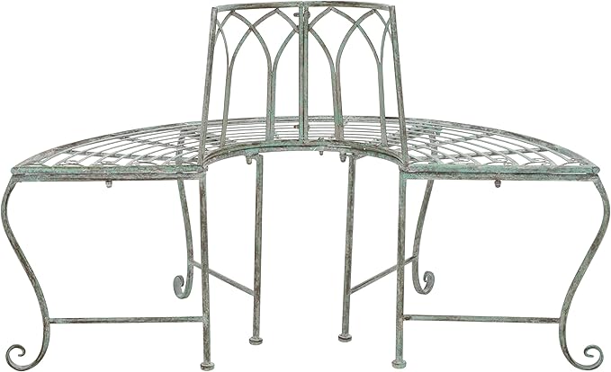 SAFAVIEH Outdoor Furniture Collection – Abia Antique Dark Green Distressed Wrought Iron 50-Inch Curved Tree Bench, Garden & Patio Seating (PAT5018D)