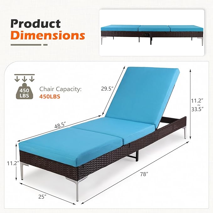 HOMREST Outdoor Lounge Chairs Set of 4, Patio Wicker Chaise Lounge with Removable Cushion, Rattan Pool Sunbathing Recliners with Adjustable Backrest (Turquoise)