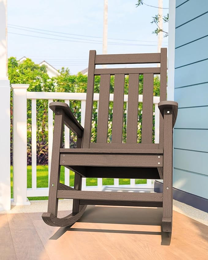 SERWALL Oversized Rocking Chair, Outdoor Rocking Chair for Adults, All Weather Resistant Porch Rocker for Lawn Garden, Brown
