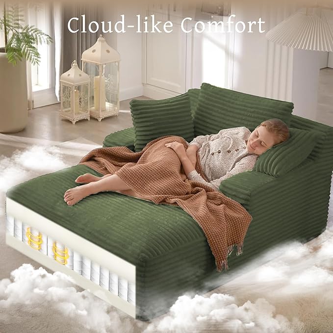 66" Chaise Lounge Chair Indoor, Oversized Boneless Couch Comfy Upholstered Sleeper Sofa Bed with 3 Pillows, Corduroy Cloud Reading Chair for Living Room No Assembly Required, Green