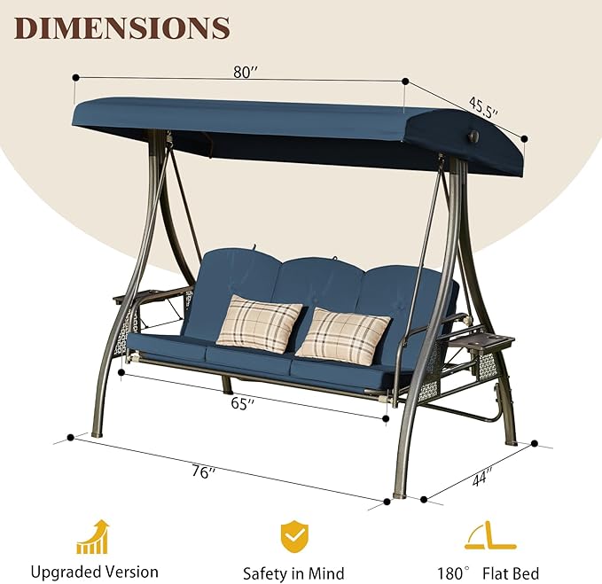 Upgrade 180° Convertible Outdoor Swing for Adults, Outdoor Porch Swing with Stand 800lb Bearing Capacity, 3-Seat Outdoor Swing with Canopy Adjustable, Thickened Cushions (Square, Blue)