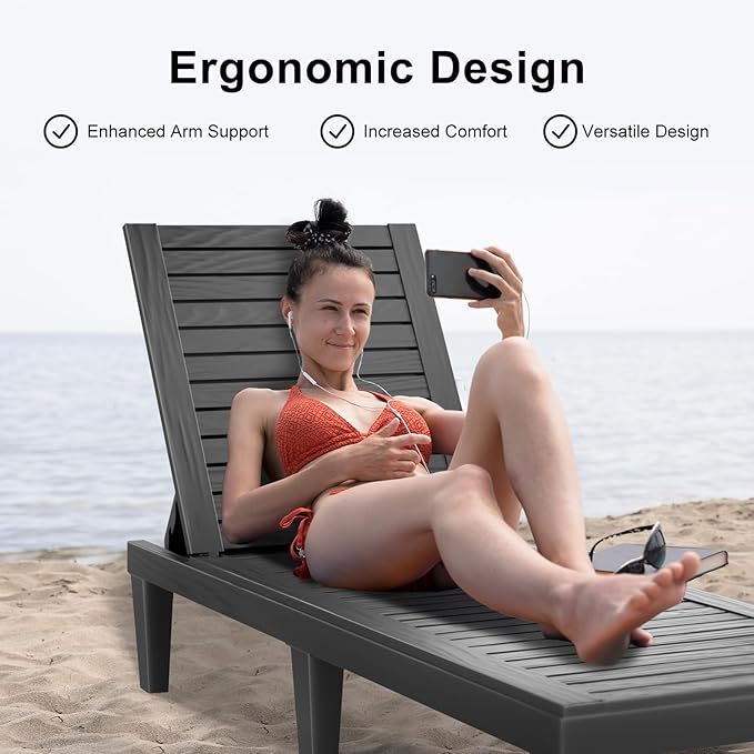 ROJIK Outdoor Chaise Lounge Chair with 5-Position Adjustable Backrest,Waterproof & Lightweight | Durable Indoor/Outdoor Patio Lounger Chair for Garden Pool Beach(Single, Black)