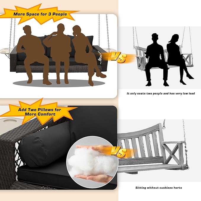 Grepatio Wicker Hanging Porch Swing - Outdoor 3 Person Patio Swing Bench with Cushion & Chains - 3-Seat Porch Swing Chair with Cup Holder for Garden, Yard, Lawn (Black Brown Rattan)