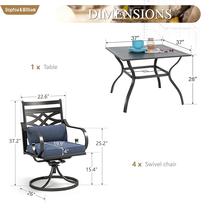 Sophia and William Swivel Outdoor Patio Dining Set for 4, Outdoor Table and Chairs, Removable Seat Cushions, Black 37" Patio Dining Table,Blue