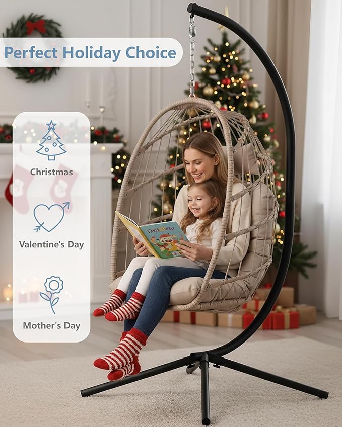 SWITTE Egg Chair Outdoor with Stand, Indoor Wicker Hanging Egg Swing Chair with Cushion, 350lbs Capacity for Patio, Bedroom, Garden - Cream