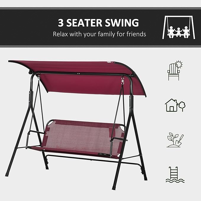 Outsunny 3-Person Porch Swing with Stand, Outdoor Swing for Patio Porch with Adjustable Tilt Canopy and Comfortable Swing Bench-Style Seat, Steel Frame, Wine Red