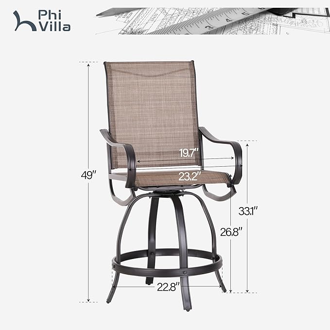 PHI Villa Outdoor Swivel Bar Stools Set of 4, Counter Height Patio Chairs with Waterproof Textile Fabric Brown, Rustproof Metal Frame & Circular Footrest for Poolside, Garden, Yard