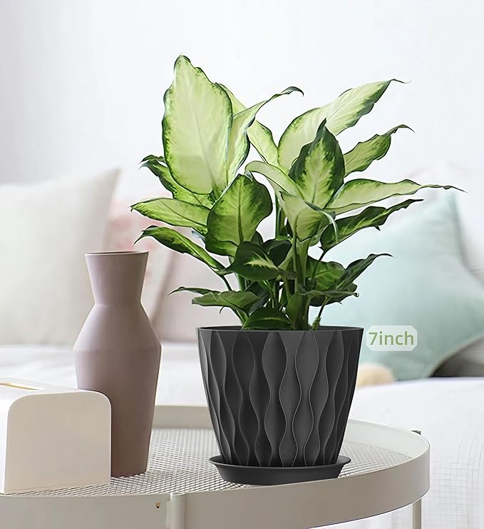 4/4.5/5/5.5/6/6.5/7 Inch Plant Pots,7 Pack Flower Pots with Drainage Holes and Trays,Plastic Planters for Indoor Outdoor Plants Growth,Black