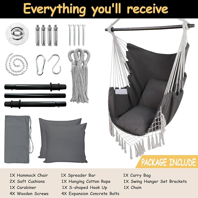 Hammock Chair Hanging Rope Swing Chair,Max 450 Lbs, Large Hanging Chair with Pocket, 2 Cushions, Removable Steel Bar, Hardware Kit Included, Superior Comfort for Indoor Outdoor (Dark Grey)
