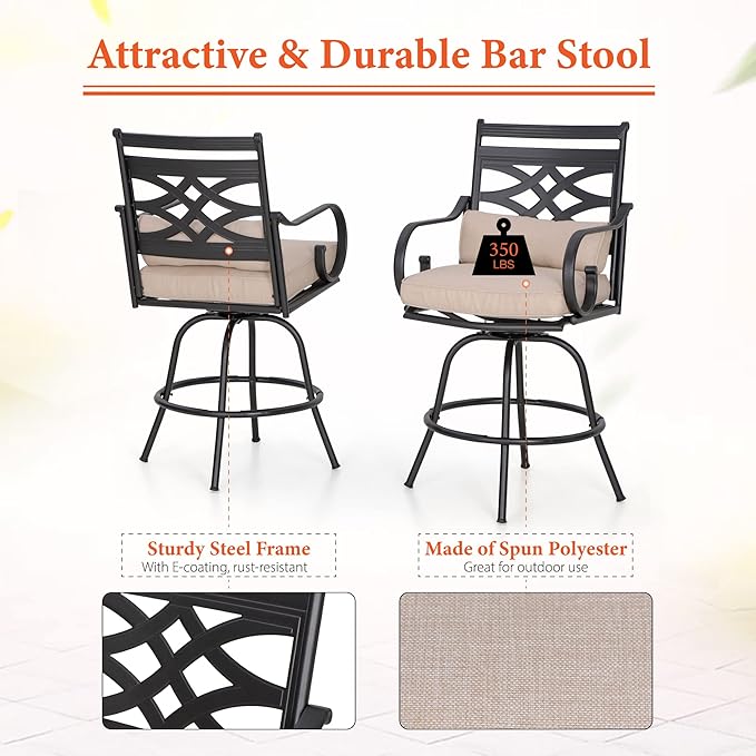 Sophia & William Patio Bar Set 3 Pieces Outdoor Bistro Bar Set with 2 Swivel Bar Stools and 1 Square Bar Height Table, All-Weather Metal Furniture with 1.57" Umbrella Hole and Beige Cushion