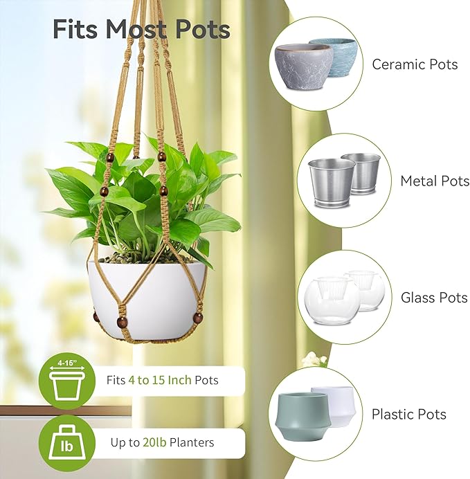 USLAI Macrame Plant Hanger Indoor Outdoor, Fits 4 to 15 Inch Pots, Strong Hanging Planter Holder, Boho Home Decor, 35 Inch, Brown, Set of 3 (POTS NOT Included)