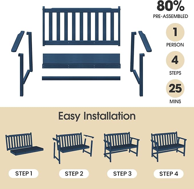 Ciokea 48" Outdoor Bench Set of 2, HDPE Weatherproof Garden Bench, 2-Person Memorial Benches with 550 Lbs, Waterproof Patio Porch Benches for Outside Business Deck Office Backyard Balcony, Navy Blue
