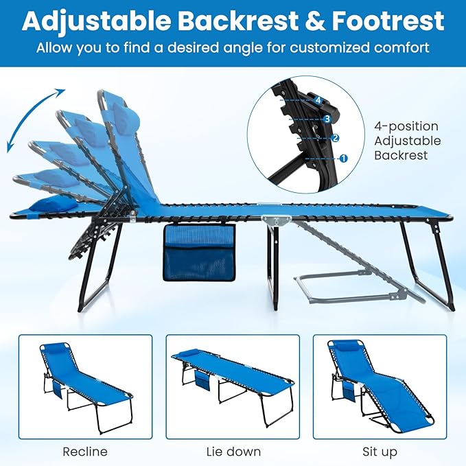 GYMAX Lounge Chairs for Outside, Extra High Folding Beach Tanning Lounger with Adjustable Backrest, Footrest & Removable Pillow, Sunbathing Lounge for Patio, Poolside (2, Navy with Pocket)