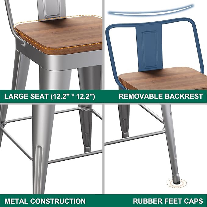 WENTMENT Bar Stools Set of 4 Counter Height Stools with Removable Back 24" Kitchen Bar Stools with Wooden Seat, Silver