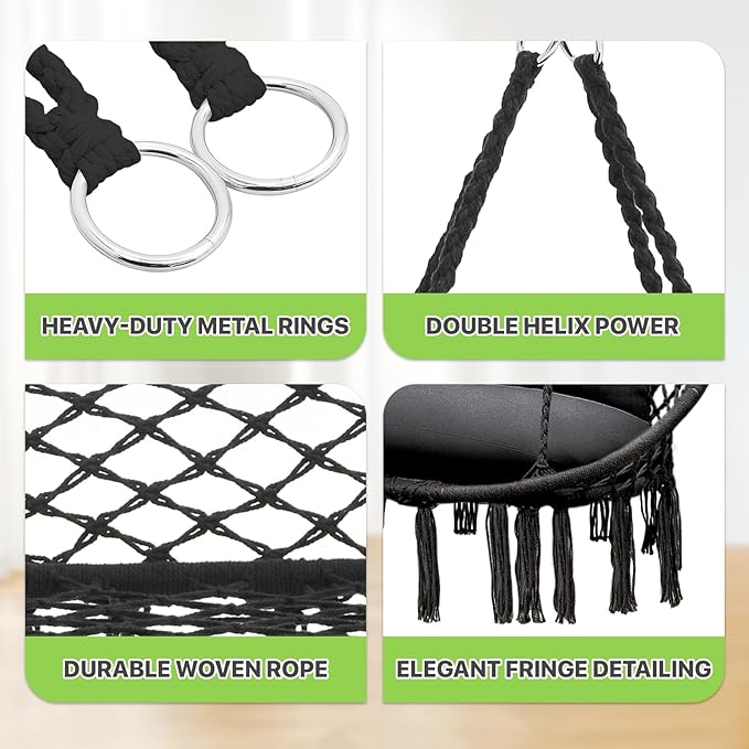 Magshion Double Hammock Swing Chair with 3 Cushions, 700 lbs Capacity, Macrame Hanging Bench for Indoor & Outdoor Use, Cotton Woven Mesh Porch Hanging Rope Swing, Black