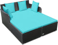 RELAX4LIFE Rattan Patio Outdoor Daybed, Wicker 2-Person Sunbed Loveseat with Soft Cushions, 4 Pillows, Curved Backrest & Armrest, Double Bed Lounger Sofa Set for Balcony Porch, Patio Bed (Turquoise)