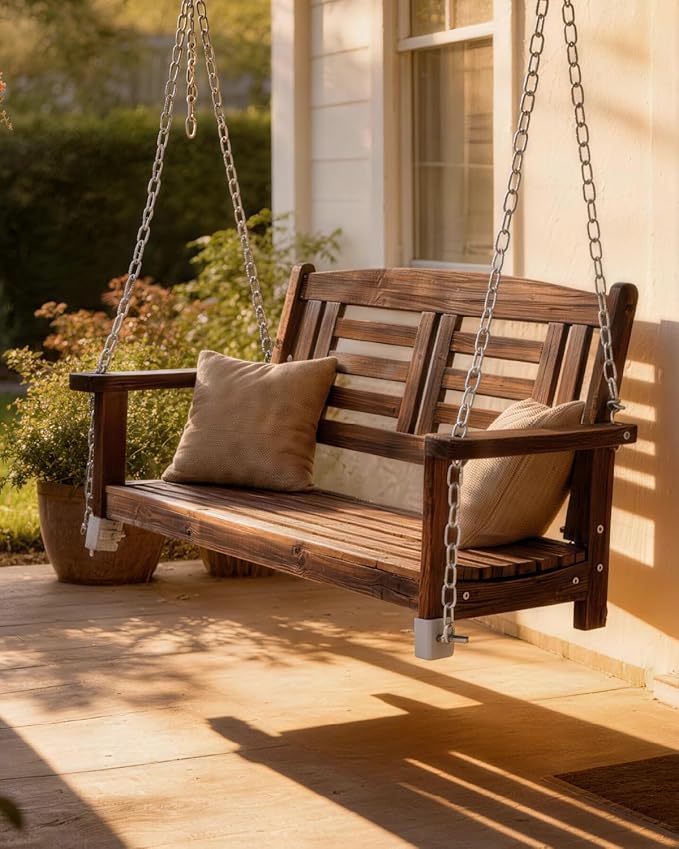 Outvita Wooden Porch Swing, Outdoor Patio Swing, 44" Swing Bench with Hanging Chains and Reclined Backrest for Deck, Garden,Yard, Balcony, Room 600 lbs Capacity Fir Wood (Carbonized Color)