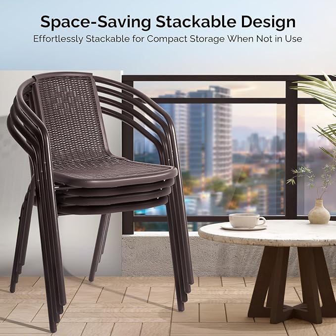 VINGLI PE Rattan Outdoor Dining Chairs Set of 4, Plastic Stackable Patio Chairs for Indoor, Porch, Restaurant, Garden, Brown