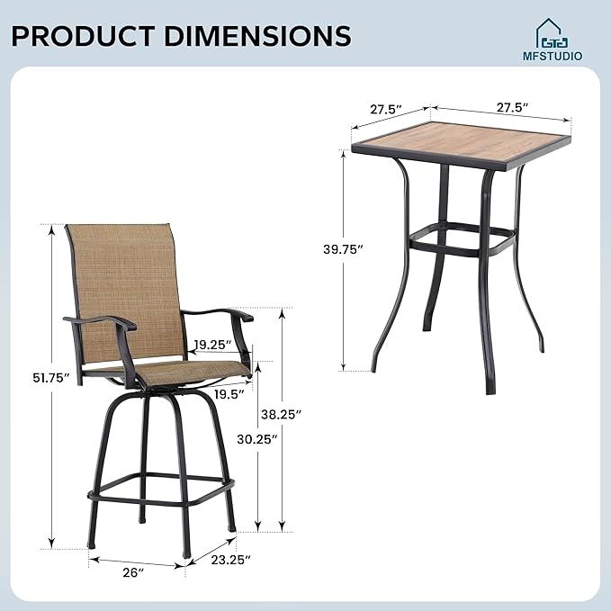 MFSTUDIO 3 Piece Outdoor Swivel Bar Set, Outdoor Bar Table and Chairs Set, Patio High Top Table and Chairs, Tall Bistro Set Patio Bar Height Table and 2 Chairs, Brown