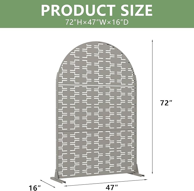 Casaphoria Metal Arched Privacy Screen Outdoor, 72" H x 47" W Freestanding Decorative Privacy Screen for Patio Deck Balcony Garden with Stable Base, Grey-Brick