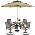 PHI VILLA 5 Pieces Outdoor Dining Set for 4 with 10ft Umbrella, 37" Metal Square Table & Swivel Wrought Iron Chair with Cushions & Beige Umbrella, Modern Furniture Set for Patio, Deck, Yard, Porch