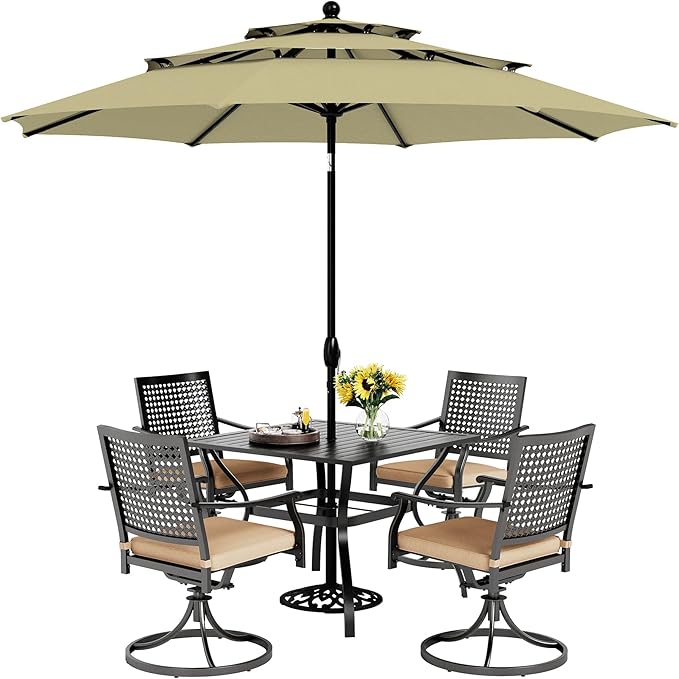 PHI VILLA 5 Pieces Outdoor Dining Set for 4 with 10ft Umbrella, 37" Metal Square Table & Swivel Wrought Iron Chair with Cushions & Beige Umbrella, Modern Furniture Set for Patio, Deck, Yard, Porch