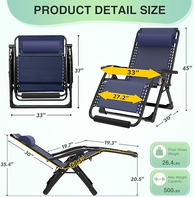 Suteck Oversized Zero Gravity Chair,33In XXL Lounge Chair w/Removable Cushion&Headrest, Reclining Camping Chair w/Upgraded Lock and Footrest, Reclining Patio Chairs Recliner for Indoor Outdoor,500LB
