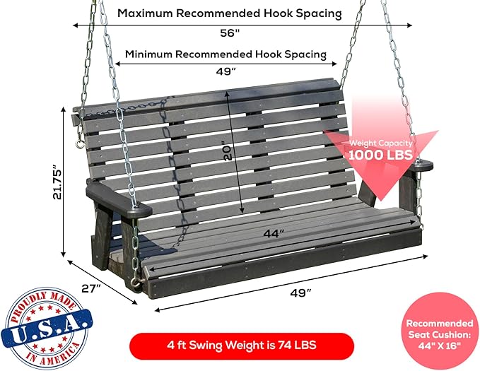 Poly Lumber Wood 4FT Porch Swing Amish Craftsmandship Made in USA HDPE with No wood fibers and 1000 lbs Limit. Stainless Steel Hardware.Signature Rollback design for Patio Outdoor Backyard Garden Park