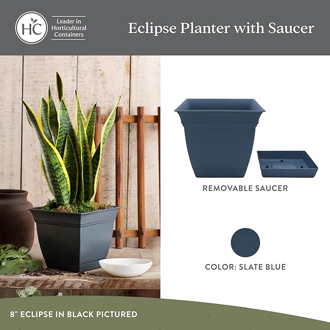 The HC Companies Eclipse Square Plastic Planter w/ Attached Saucer - Outdoor & Indoor Plant Pot with Drainage Holes - Lightweight, UV-Resistant Plastic Pots For Plants (6" Slate Blue, Pack of 1)