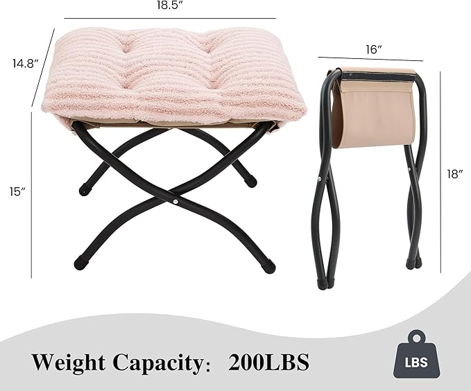 15"(H) Folding Ottoman, Foldable Footrest Stool, Portable Small Foot Stool for Couch, Collapsible Foot Rest Ottoman for Sofa, Accent Padded Ottomans for Living Room, Bedroom, Stripe Pink