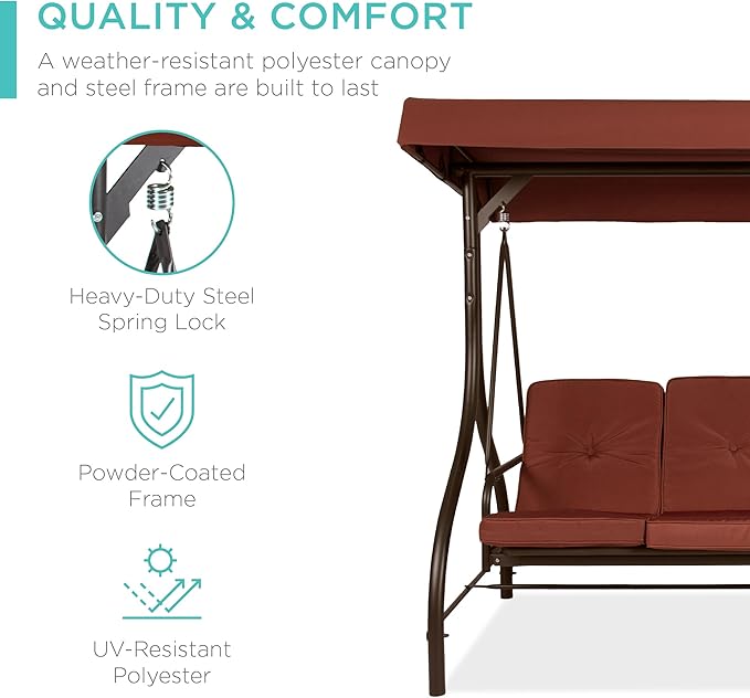 Best Choice Products 3-Seat Outdoor Large Converting Canopy Swing Glider, Patio Hammock Lounge Chair for Porch, Backyard w/Flatbed, Adjustable Shade, Removable Cushions - Dark Rust