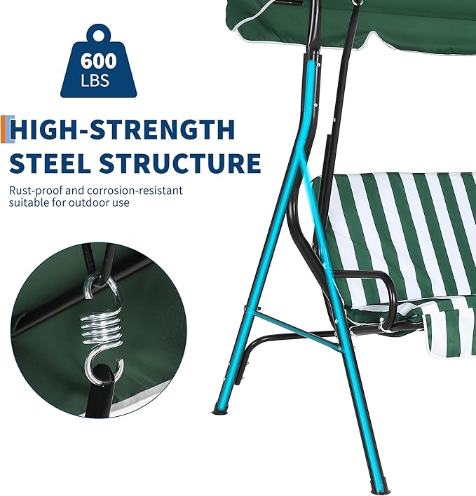 Outdoor Porch Swing Chair with Adjustable Canopy & Striped Seat Cushion for Adults 3-Seat Patio Glider Bench with Thick Cushions Steel Frame Outdoor Swing Chair for Backyard Lawn Garden Green