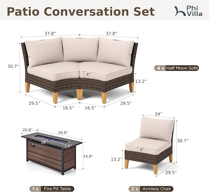 PHI VILLA 7-Piece Half Moon Patio Furniture Set with 56" Fire Pit Table, Outdoor Wicker Sectional Sofa with Thick Beige Cushions, Large Curved Conversation Seating for Garden or Backyard
