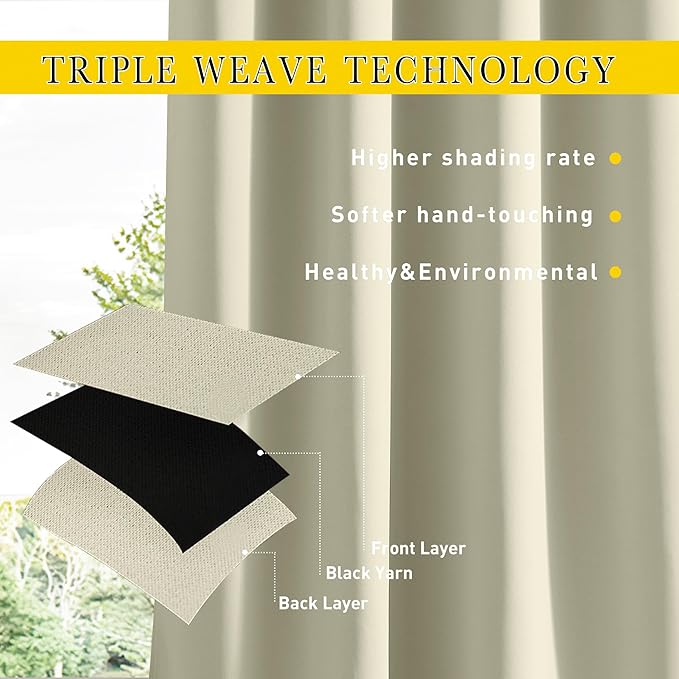 NICETOWN 2 Panels Waterproof Outdoor Curtains Fixed Grommet & Back Tab on Top & Bottom, Thermal Insulated Keep Rain & Sun Out Blackout Windpoorf Outdoor Draperies with Rope, W52 by L108, Light Beige