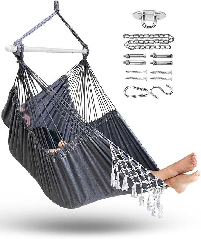 MIZTLI Hammock Chair Hanging Chair Swing Chair XXL Large Macrame Swing Indoor Hammock for Bedroom - Max 500 Lbs - All Hanging Kit Included