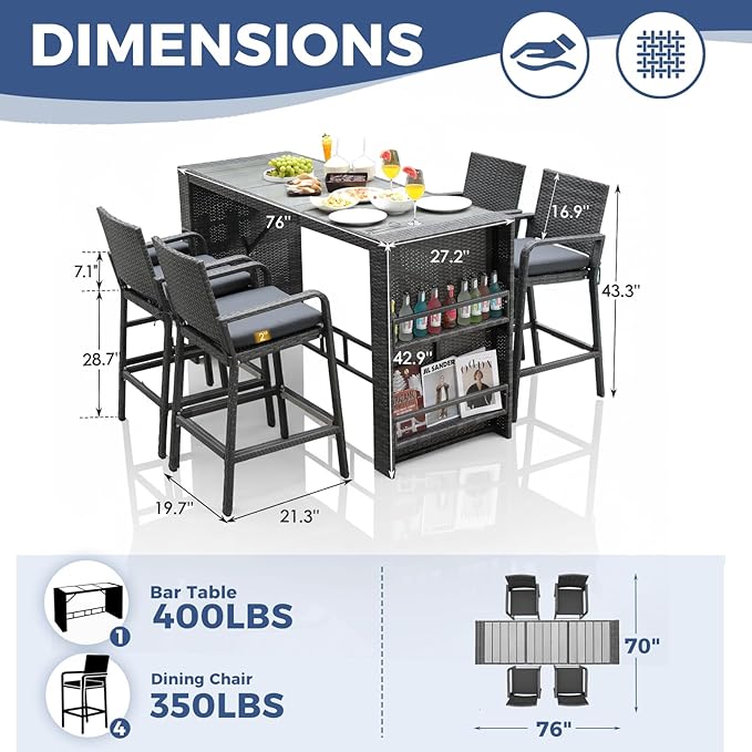 NICESOUL Wicker Outdoor Bar Set 5 Piece, 76" High Top Rattan Bar Table and Chairs Set of 4, Patio Counter Height Dining Table and Stools with Armrest & Cushions for Outside Backyard Poolside, Gray