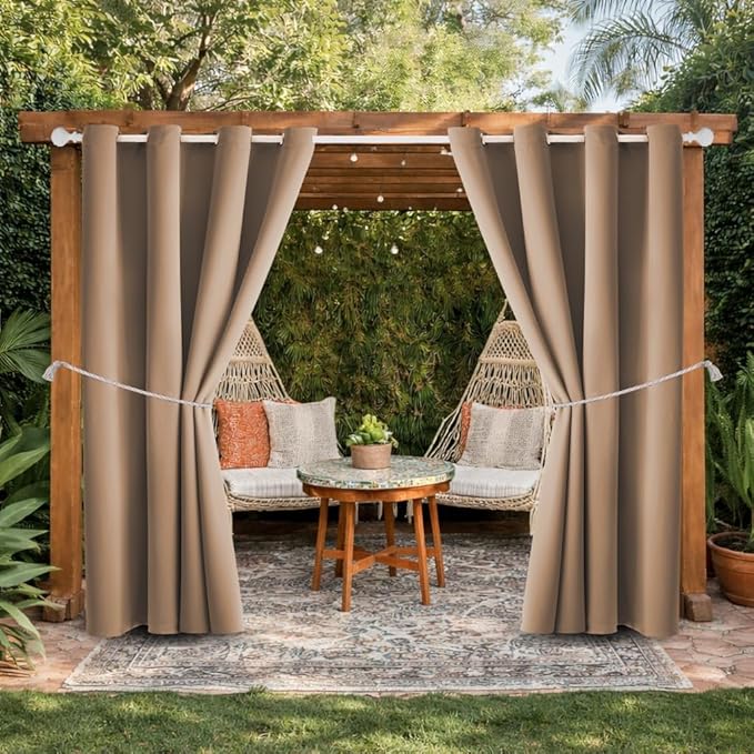 DIVA EN CAMINO DEC Outdoor Patio Curtain Waterproof Darkening Thermal Insulated Indoor Curtains for Bedroom, Porch, Living Room, Pergola, Cabana, W52 x L132, Camel Brown, Set of 2 Panels