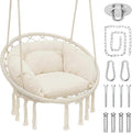 Magshion Hanging Hammock Chair with Cozy Full Cushion, Outdside Macrame Swing Chair with 350 Lbs Capacity, Ideal Accent Furniture for Living Room, Bedroom and Porch Relaxation and Enjoyment (White)
