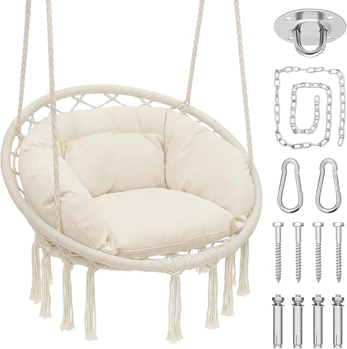 Magshion Hanging Hammock Chair with Cozy Full Cushion, Outdside Macrame Swing Chair with 350 Lbs Capacity, Ideal Accent Furniture for Living Room, Bedroom and Porch Relaxation and Enjoyment (White)
