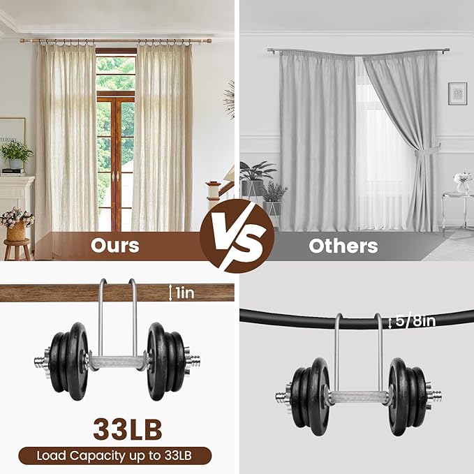 1” Diameter Curtain Rods Itself is 30 to 60 inch 1 Pack Fit 30-54 inch Window with Heavy Duty Adjustable Rod Matte Wood Grain Splicing Metal Extra Long Curtain Rod for Windows