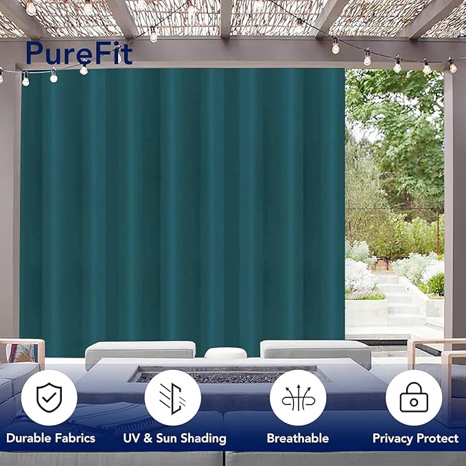 PureFit Outdoor Curtains for Patio Waterproof Weatherproof, UV and Fade Resistant Outside Curtains for Gazebo, Front Porch, Pergola, Sun Blocking Privacy Curtain, 120W x 95L inch, 1 Panel, Teal